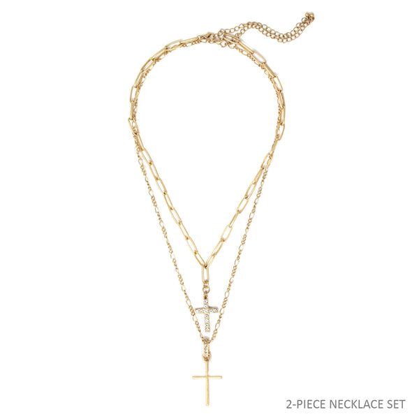 LAYERED RHINESTONE & GOLD CROSS NECKLACE