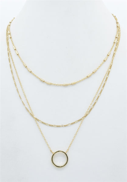 THIN TRIPLE CHAIN W/ OPEN CIRCLE NECKLACE, GOLD