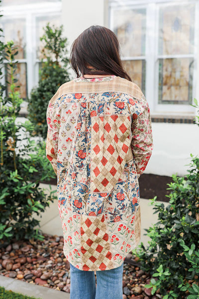 PATCHWORK PRINT BUTTON DOWN, RED/BLUE