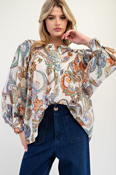 PAISLEY PRINTED BUBBLE SLEEVE BLOUSE