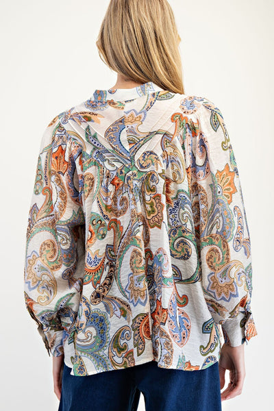 PAISLEY PRINTED BUBBLE SLEEVE BLOUSE