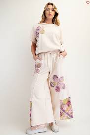 FRAN FLOWER PATCH TERRY KNIT SET, ECRU