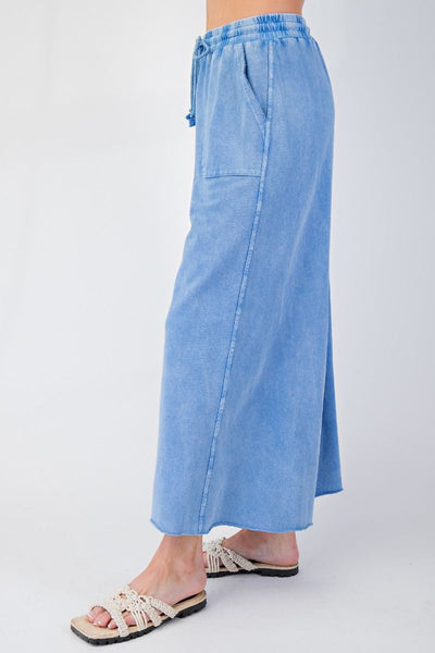 WASHED TERRY KNIT WIDE LEG PANTS, CORNFLOWER BLUE