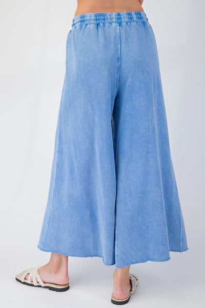 WASHED TERRY KNIT WIDE LEG PANTS, CORNFLOWER BLUE