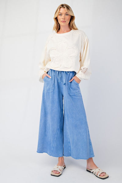 WASHED TERRY KNIT WIDE LEG PANTS, CORNFLOWER BLUE