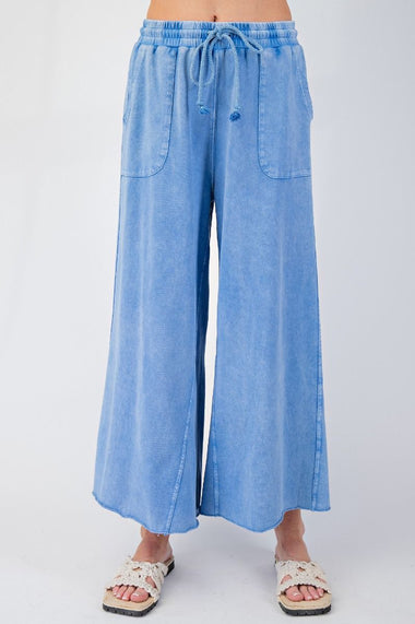 WASHED TERRY KNIT WIDE LEG PANTS, CORNFLOWER BLUE