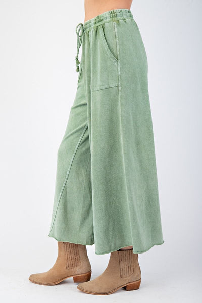 WASHED TERRY KNIT WIDE LEG PANTS, JUNIPER GREEN