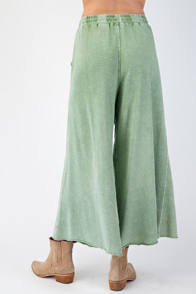WASHED TERRY KNIT WIDE LEG PANTS, JUNIPER GREEN