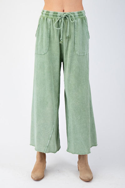 WASHED TERRY KNIT WIDE LEG PANTS, JUNIPER GREEN
