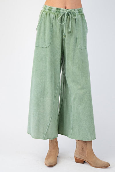 WASHED TERRY KNIT WIDE LEG PANTS, JUNIPER GREEN