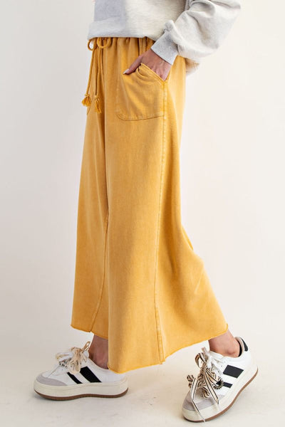 WASHED TERRY KNIT WIDE LEG PANTS, MUSTARD