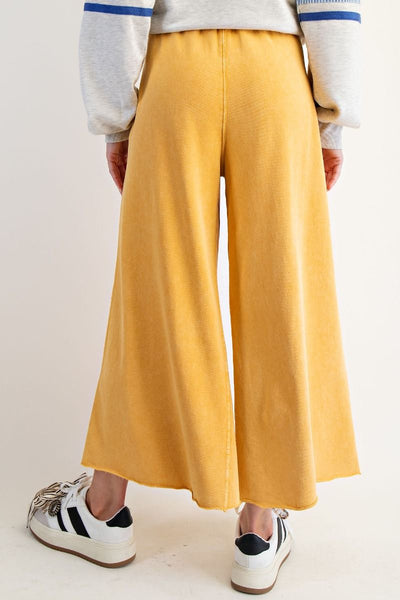WASHED TERRY KNIT WIDE LEG PANTS, MUSTARD