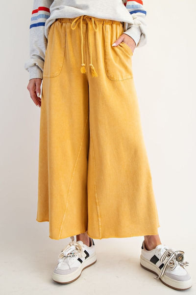 WASHED TERRY KNIT WIDE LEG PANTS, MUSTARD