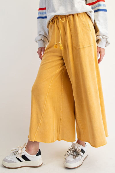 WASHED TERRY KNIT WIDE LEG PANTS, MUSTARD
