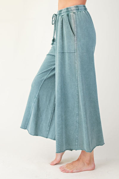 WASHED TERRY KNIT WIDE LEG PANTS, TEAL GREEN