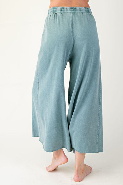 WASHED TERRY KNIT WIDE LEG PANTS, TEAL GREEN