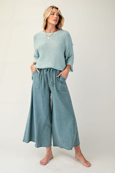 WASHED TERRY KNIT WIDE LEG PANTS, TEAL GREEN