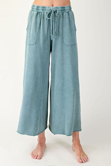 WASHED TERRY KNIT WIDE LEG PANTS, TEAL GREEN
