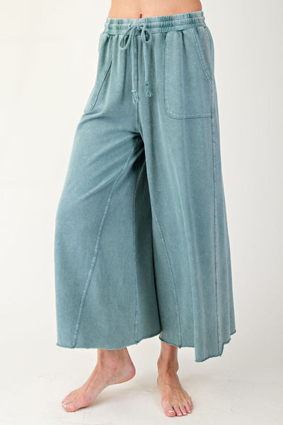 WASHED TERRY KNIT WIDE LEG PANTS, TEAL GREEN