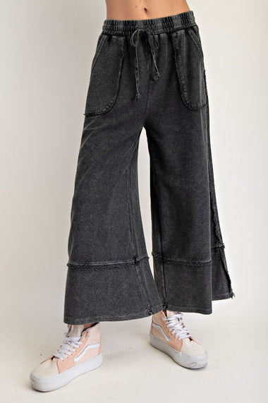 TERRY KNIT PALAZZO PANTS, BLACK