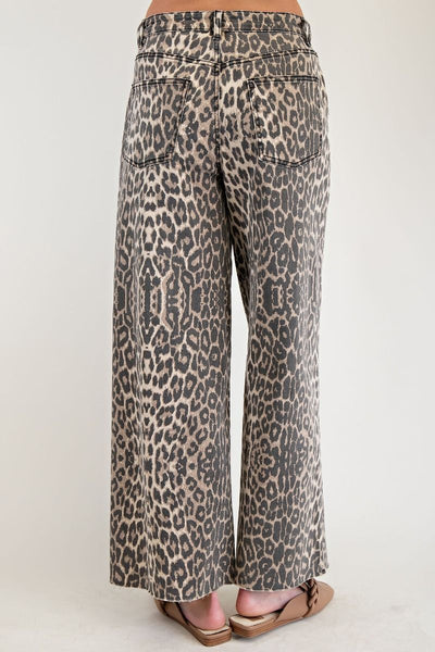 WASHED LEOPARD PRINT TWILL PANTS, BROWN