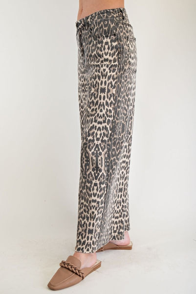 WASHED LEOPARD PRINT TWILL PANTS, BROWN