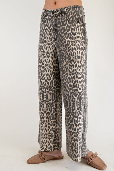WASHED LEOPARD PRINT TWILL PANTS, BROWN