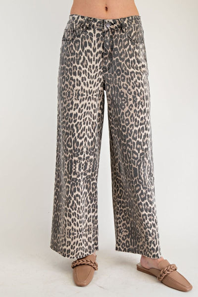 WASHED LEOPARD PRINT TWILL PANTS, BROWN