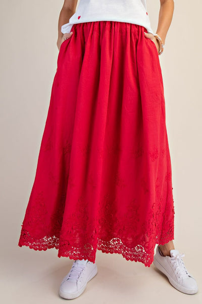 LACE HEM MAXI SKIRT, RED