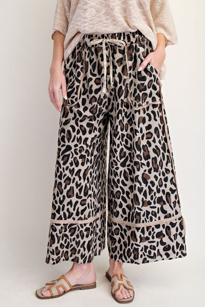 LEOPARD PRINT TERRY KNIT PANTS, MUSHROOM