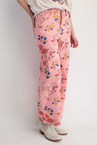 FLORAL STRETCH TWILL PANTS, CORAL PINK