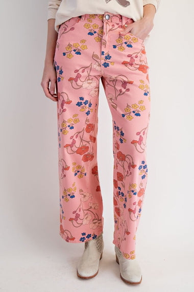 FLORAL STRETCH TWILL PANTS, CORAL PINK