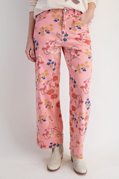 FLORAL STRETCH TWILL PANTS, CORAL PINK