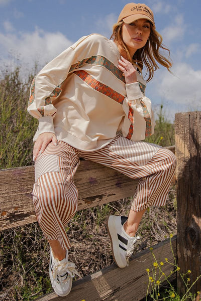 STRIPED WASHED TWILL PANTS, MOCHA