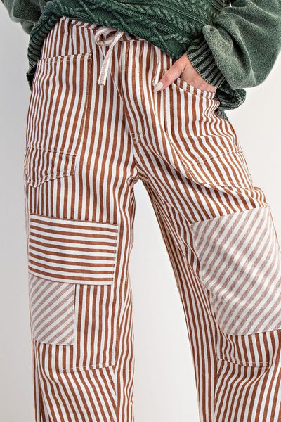 STRIPED WASHED TWILL PANTS, MOCHA