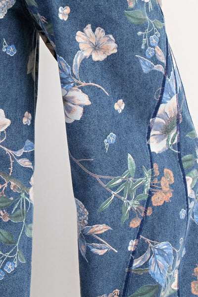 FLORAL PRINTED WASHED DENIM PANTS