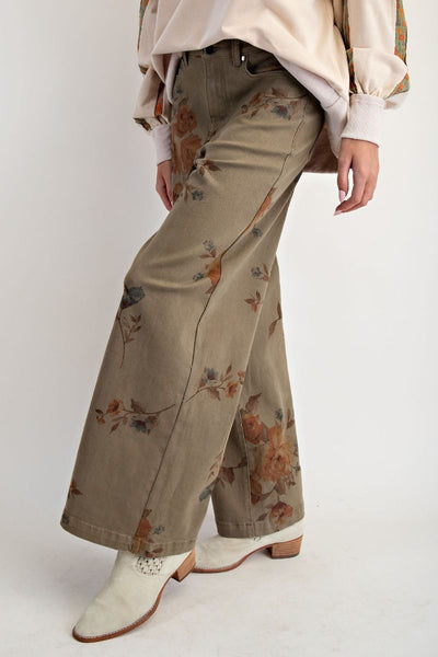 FLORA FLOWER PRINT PANTS, OLIVE