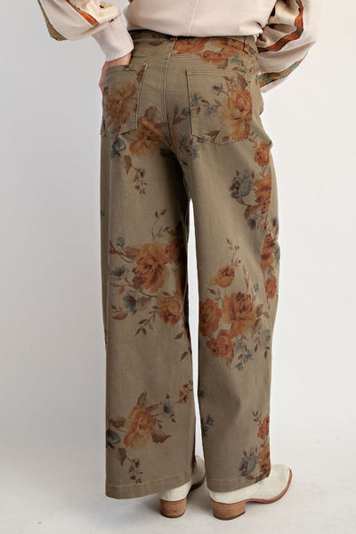 FLORA FLOWER PRINT PANTS, OLIVE