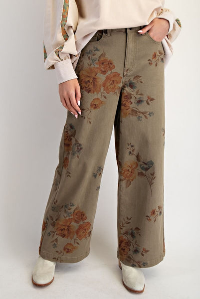 FLORA FLOWER PRINT PANTS, OLIVE