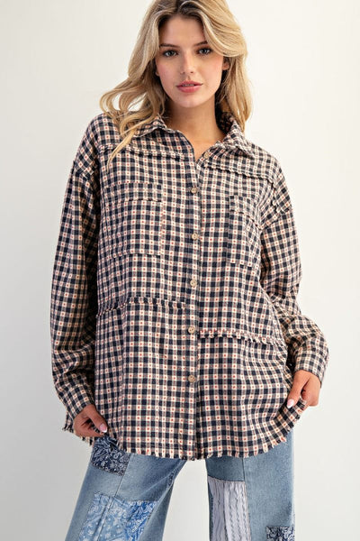 CROSS MY HEART PLAID BUTTON DOWN, BLUEBERRY