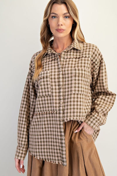 CROSS MY HEART PLAID BUTTON DOWN, OLIVE