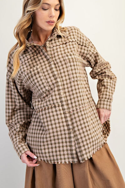 CROSS MY HEART PLAID BUTTON DOWN, OLIVE