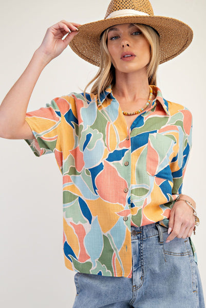 PRINTED LINEN BUTTON DOWN, SAGE/MUSTARD