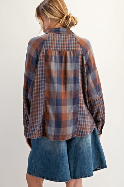 PENNY PLAID BUTTON DOWN, NAVY/BROWN