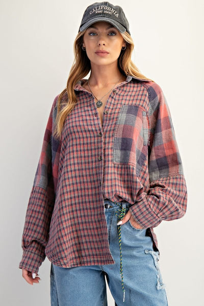 PENNY PLAID BUTTON DOWN, VINTAGE ROSE