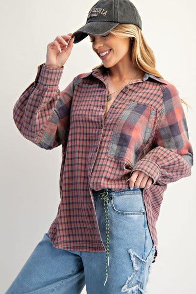 PENNY PLAID BUTTON DOWN, VINTAGE ROSE