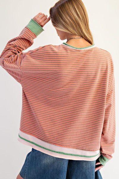 STRIPED WASHED TERRY PULLOVER, CORAL/GREY