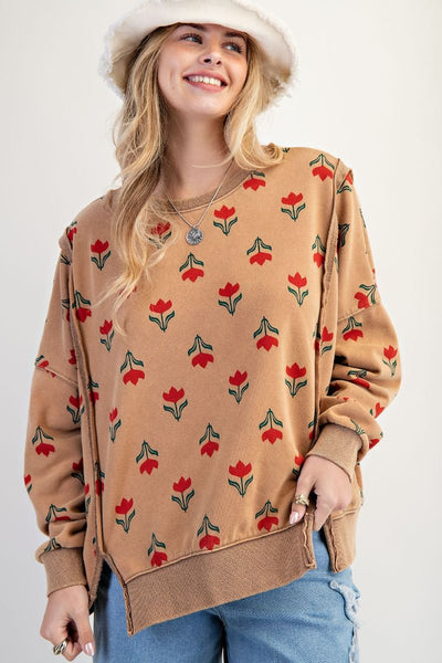FAYE FLORAL THERMAL PULLOVER, FADED CAMEL