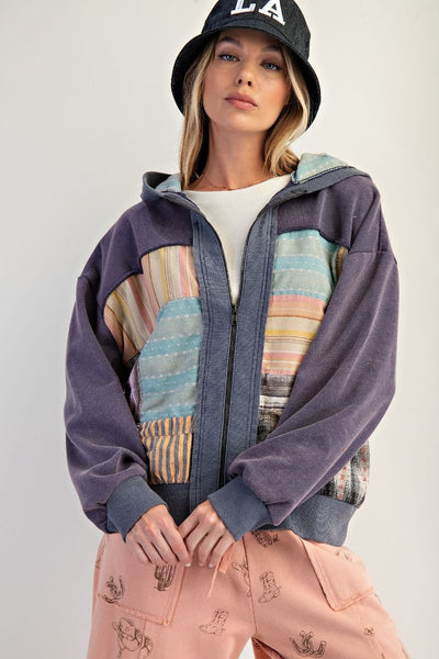 PATCHWORK ZIP UP HOODIE, BLUEBERRY