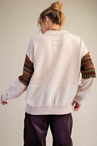 CROCHET MIX PULLOVER, OATMEAL